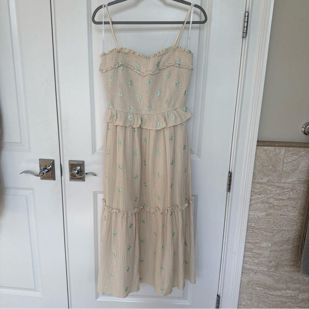 Just Me Cream Maxi Dress with Mint Floral Embroidery
